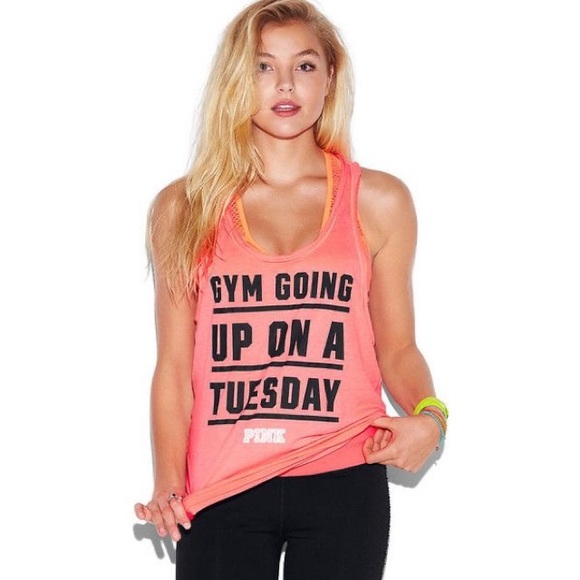 PINK Victoria’s Secret Neon Pink Gym Going Up On A Tuesday Graphic Tank Top - Picture 1 of 8